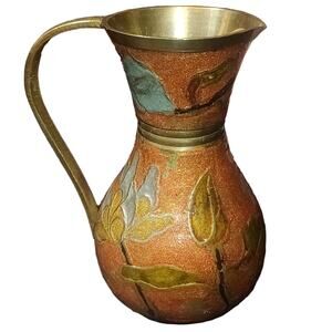 Brass Enamel Decorative Pitcher Faux Cloisonne Jug Vase VTG India Floral Chippy